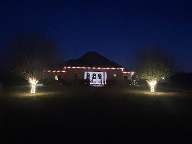 Red and white display with lit trees